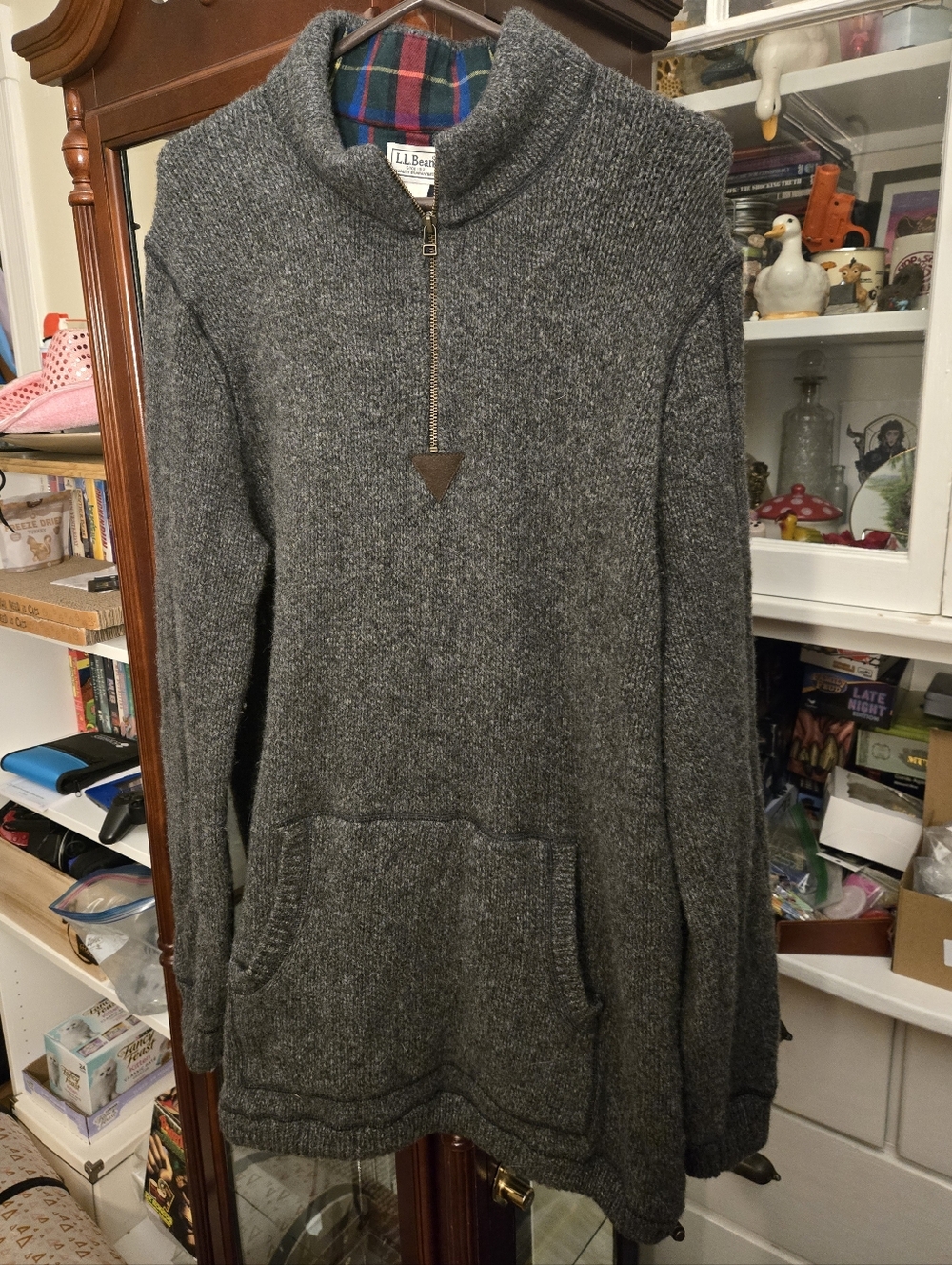 L.L. Bean 100% Lamb's Wool & Cotton Trim 1/4 Zip Sweater With Front Pocket XXLT